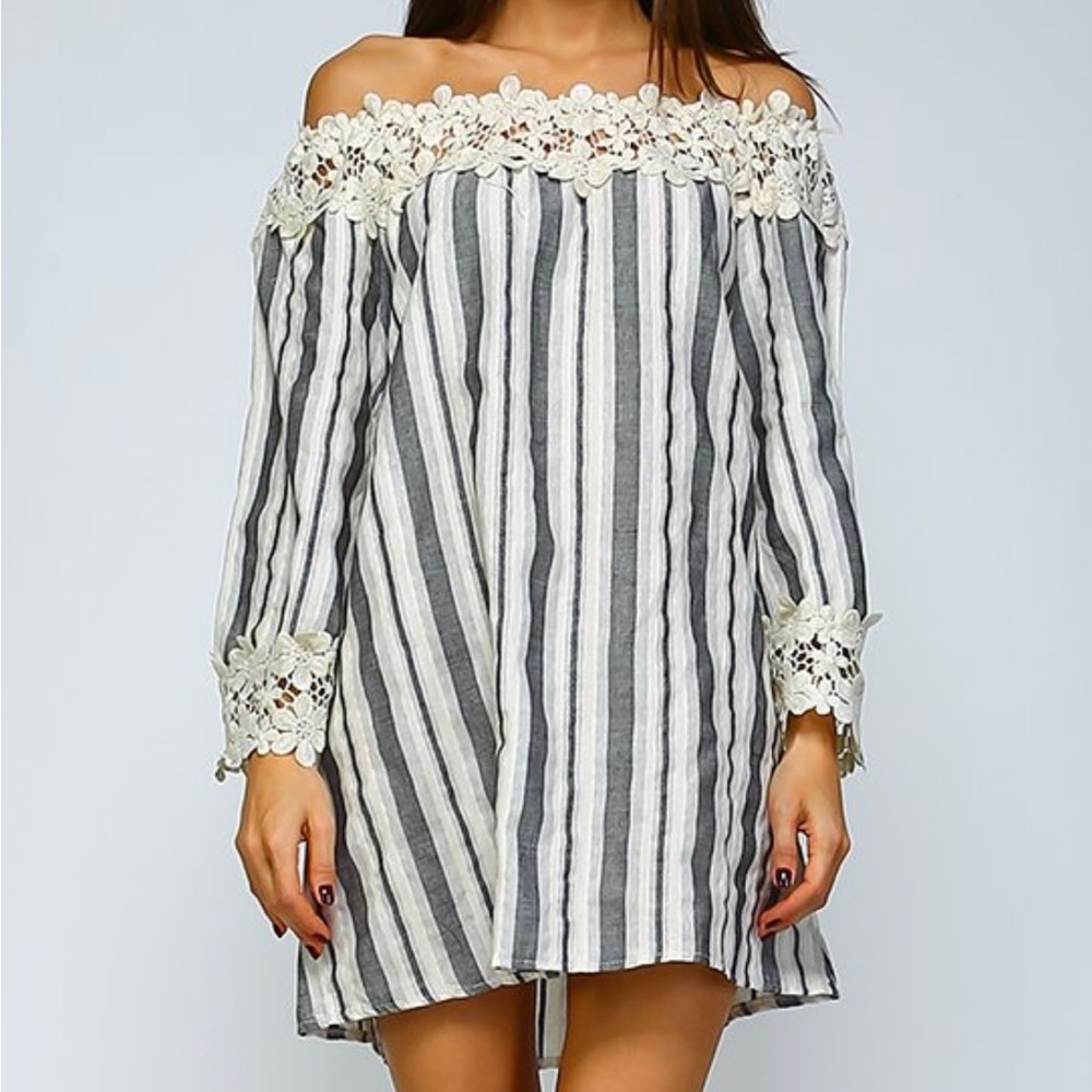 NWT Velzera black stripe off shoulder lace accent mini dress